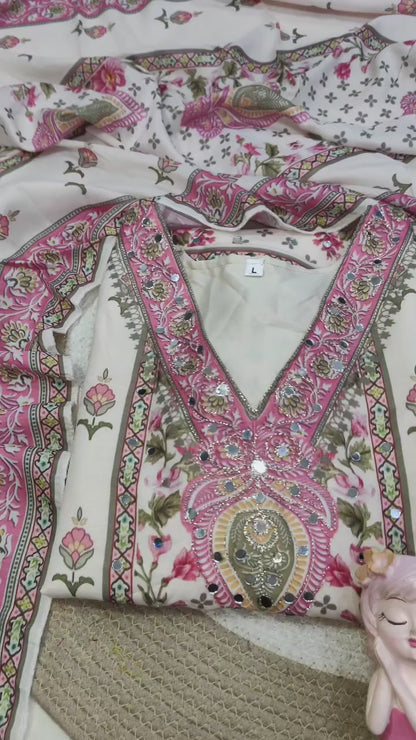 Graceful Ivory Floral Printed Pure Cotton Stitched Suit Set with Elegant Dupatta