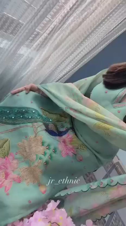Mint Green Floral Peacock Embroidered Premium Cotton Suit Set with Digital Print Dupatta