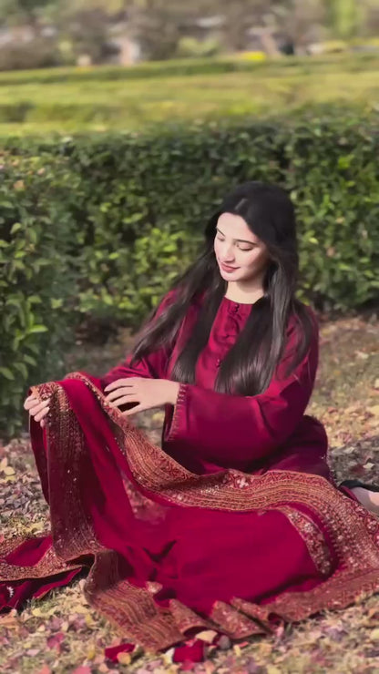 Majestic Maroon Premium Pure Cotton Embroidered Suit Set with Heavy Designer Dupatta