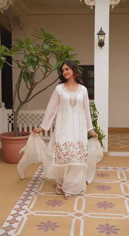 Stunning White Kurta With Floral Embroidery And Palazzo Set