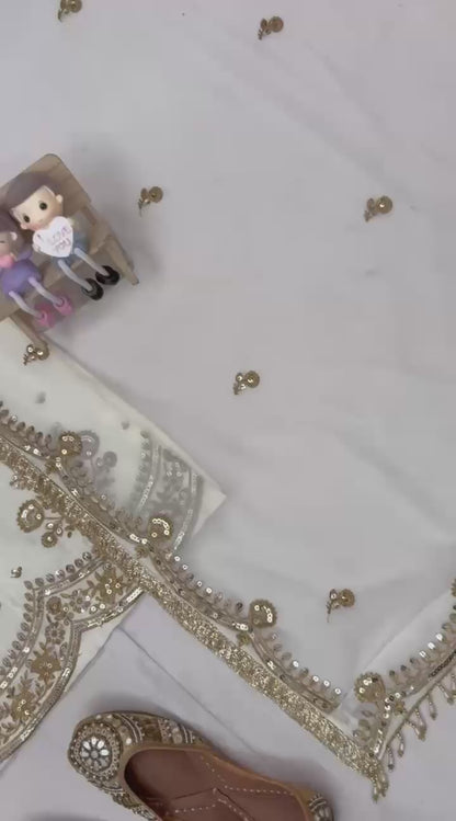 Ivory Gold Embroidered Kurta Sharara Set with Organza Dupatta