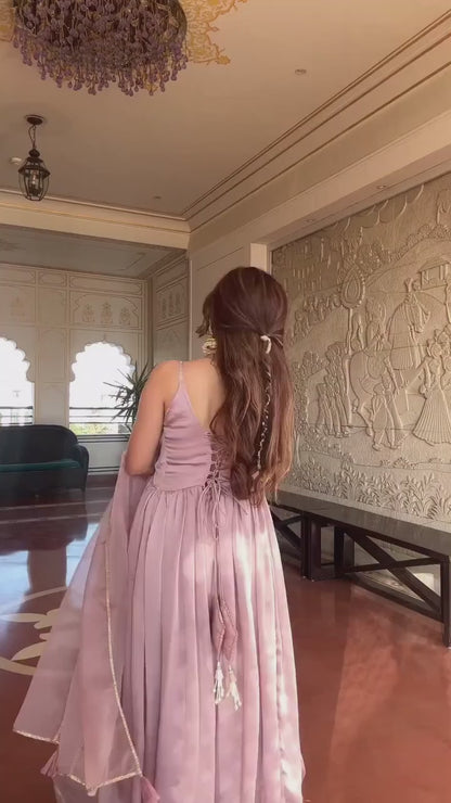 Blush Pink Satin Anarkali Gown Set with Organza Dupatta – Elegant Festive & Party Wear for Women