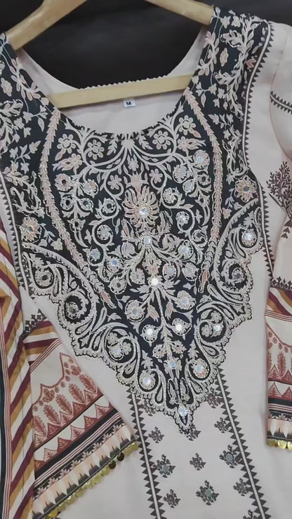 Trendy Beige & Black Printed Unstitched Salwar Suit with Designer Dupatta