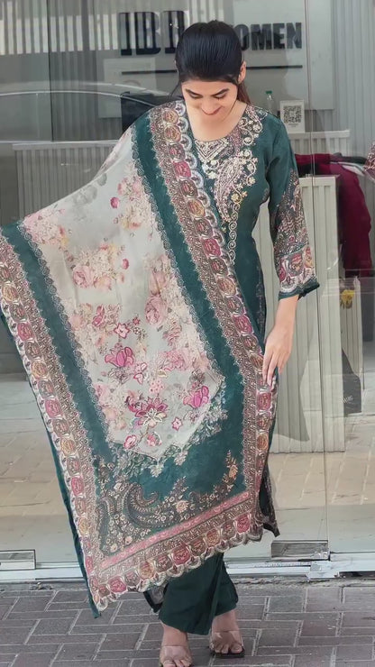 Beautiful Teal Green Floral Printed Unstitched Salwar Suit with Designer Dupatta