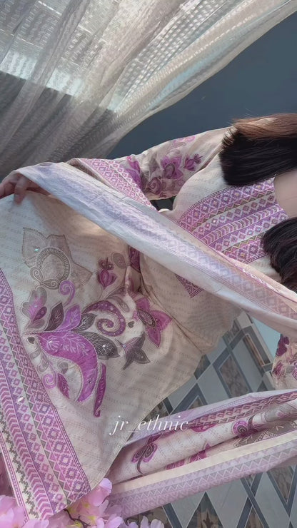 Graceful Cream & Lilac Floral Printed Cotton Stiched Dress Material with Dupatta