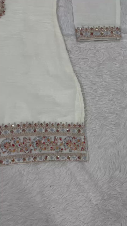 Ivory Heavy Crunchy Silk Designer Suit Set with Embroidered Dupatta
