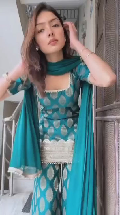 Teal Elegance Woven Kurta Sharara Set
