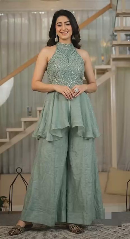 Glamorous Designer Sage Green Halter Neck Peplum Kurta with Palazzo Set