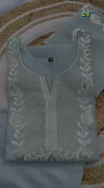 Classy Pastel Grey Roman silk Embroidered Kurta Set with Matching Dupatta