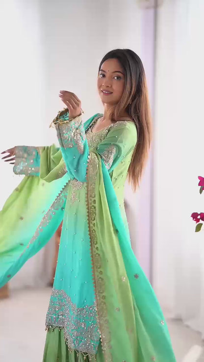 Designer Chinon Silk Kurta and Sharara Set with Intricate Hand Embroidery