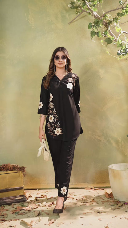 Elegant Black Floral Embroidered Co-Ord Set for Women