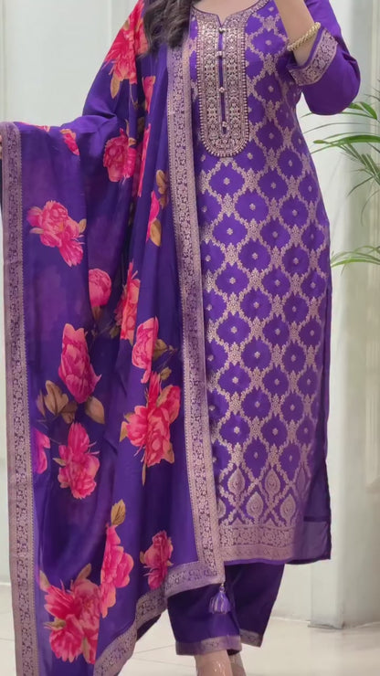 Beautiful Purple Banarasi Silk Woven Kurta Pant Set with Floral Printed Dupatta