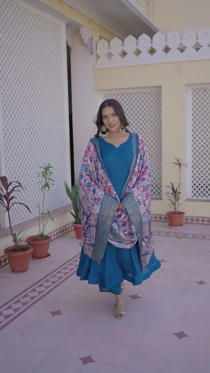 Elegant Deep Blue Flared Kurta Set with Printed Dupatta