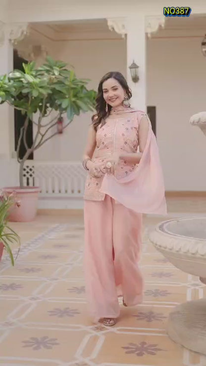 Charming Pastel Pink Premium Star Georgette Peplum and Palazzo Set