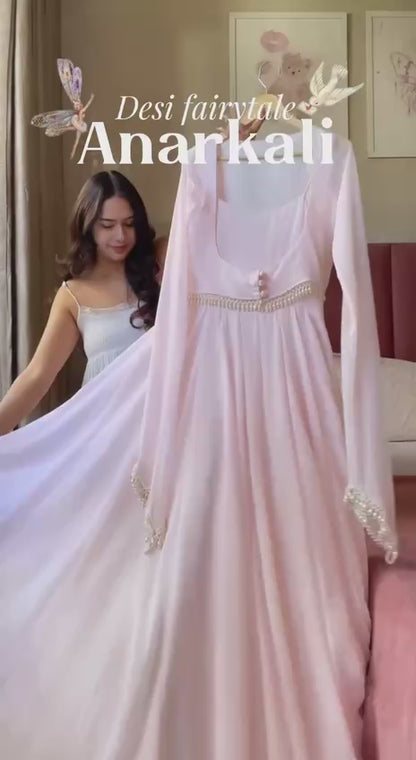 Dreamy Blush Pink Layered Gown with Pearl Embellishments
