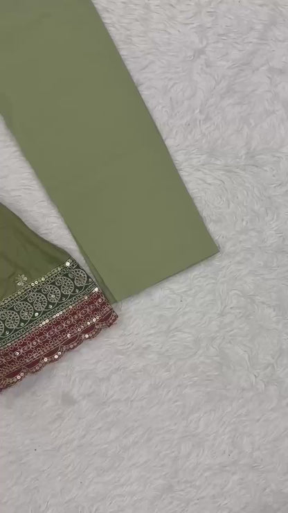 Elegant Olive Green Embroidered Anarkali Suit Set with Matching Dupatta
