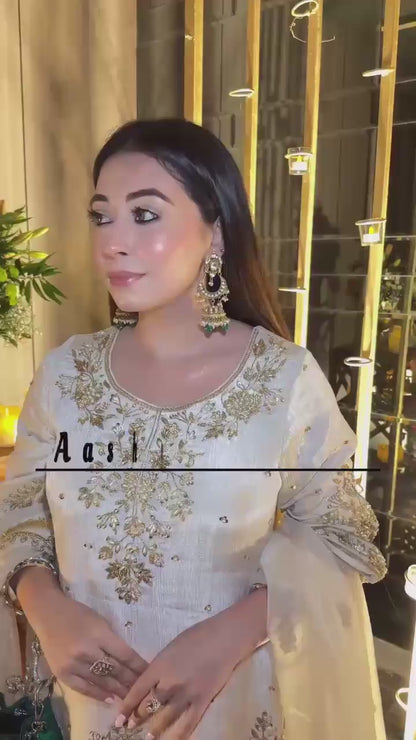 Ivory Gold Embroidered Kurta Sharara Set with Organza Dupatta