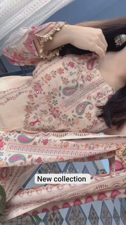 Blush Ivory Printed Pakistani Suit Set with Designer Dupatta