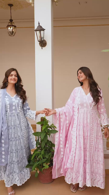 Beautiful Pastel Blue Chikankari Anarkali Kurta Set with Matching Dupatta