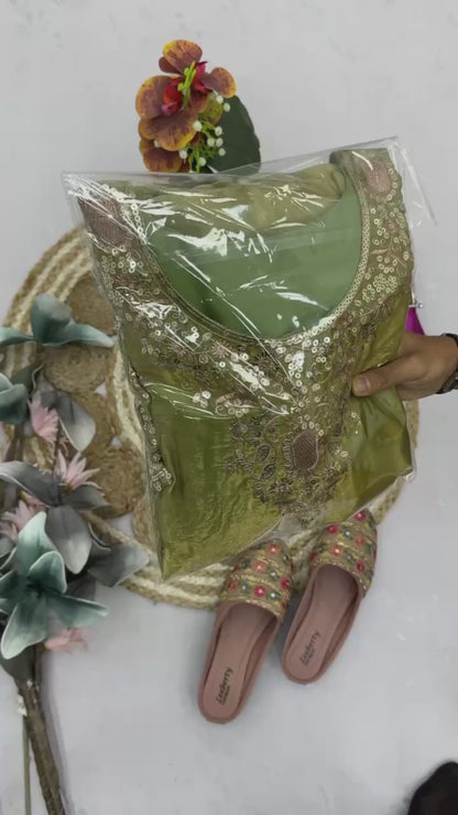 Fantastic Olive Green Embroidered Kurta and Palazzo Set with Matching Dupatta