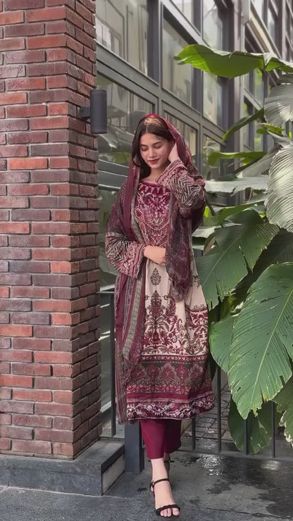 Beautiful Maroon Embroidered Premium Muslin Suit Set with Designer Dupatta & Palazzo
