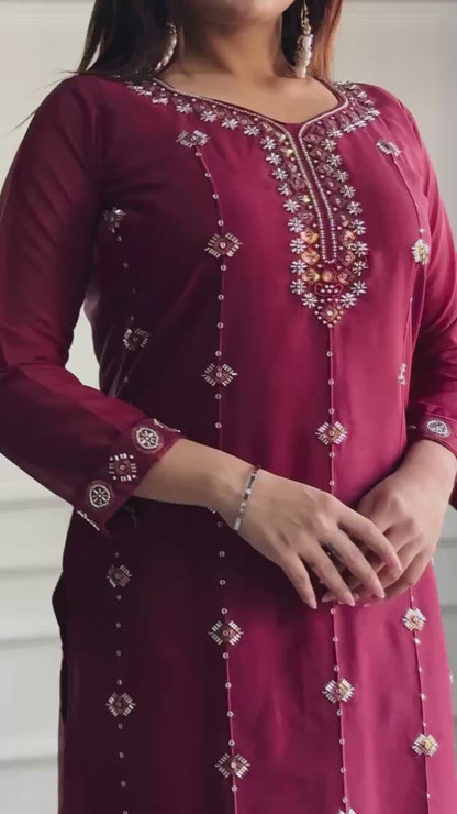 Elegant Wine Embroidered Designer Kurta Set with Dupatta