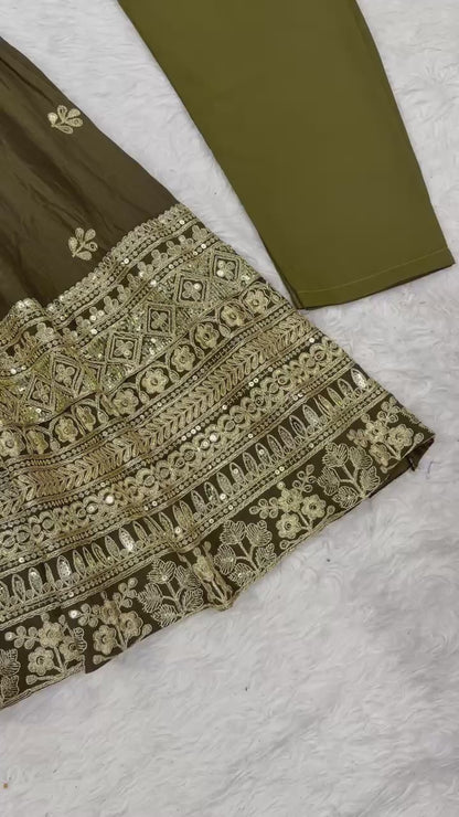 Beautiful Olive Green Vichitra Silk Embroidered Anarkali Gown with Dupatta
