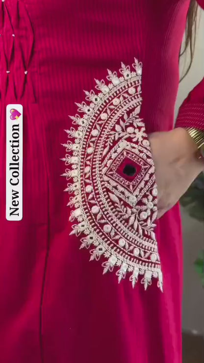 Red Pure Cottoon Embroidered Anarkali Kurta Set with Pants