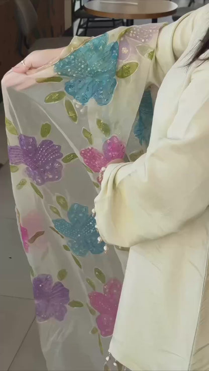 Ethereal Ivory Designer Suit Set in Heavy Pure Natural Crepe with Floral Embroidered Dupatta