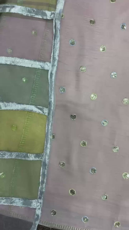 Pastel Pink Embroidered Kurta Pant Set with Organza Color-Block Dupatta