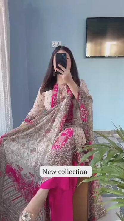Women's Cream & Pink Printed Unstitched Salwar Suit with Elegant Cotton Blend Dupatta