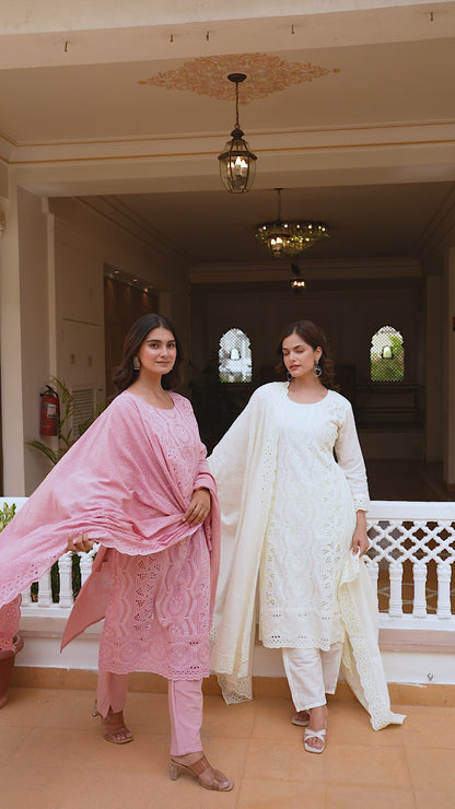 Off-White Chikankari Embroidered Cotton Kurta Set with Scalloped Dupatta