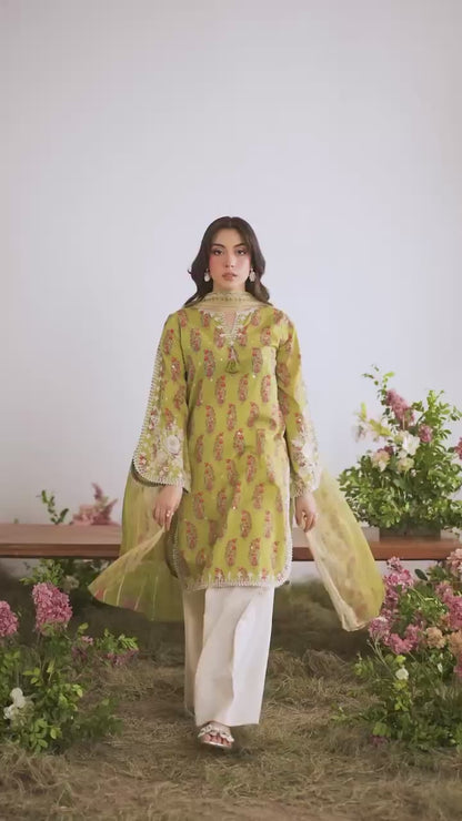 Olive Green Printed Heavy French Crepe Kurta Set with Pleated Palazzos