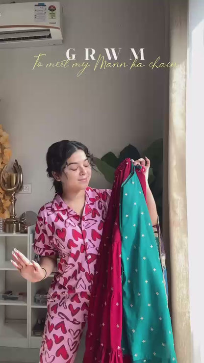 Vibrant Teal and Maroon Blooming Georgette Kurta Set with Multi-Color Bandhani Dupatta