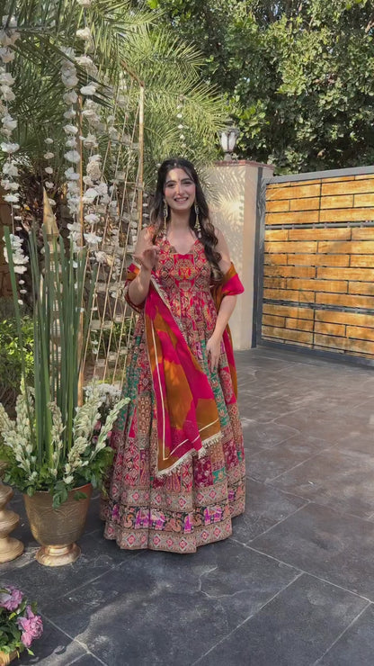 Heritage Bloom Premium Chinon  Designer Anarkali Gown Set with Vibrant Ethnic Print