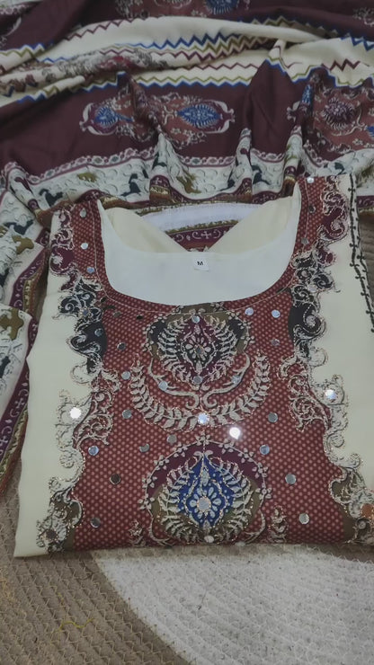 Georgeous Cream & Brown Printed Kurta Pant Set with Designer Dupatta for Women