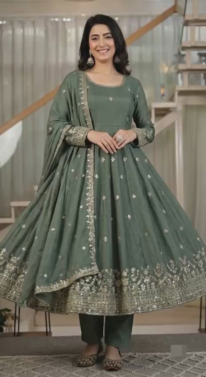 Elegant Sage Green Heavy Crunchy Silk Anarkali Suit Se