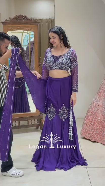 Royal Purple Ready-to-Wear Lehenga Saree with Embroidered Blouse & Drape