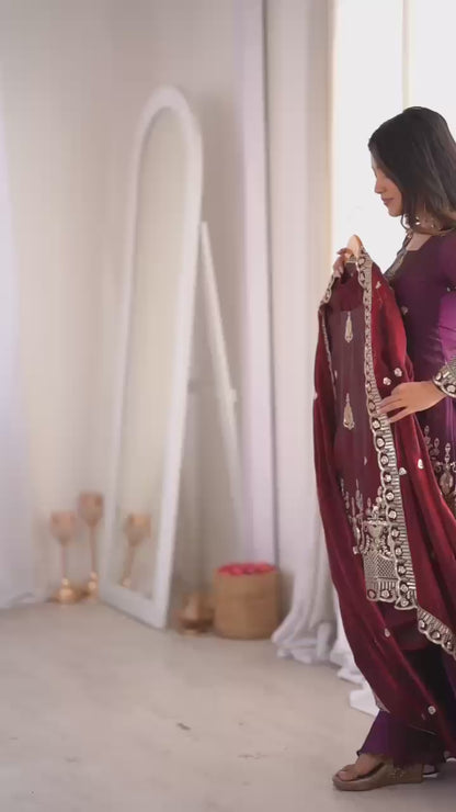 Regal Maroon Fendy Silk Kurta and Palazzo Set with Intricate Embroidery