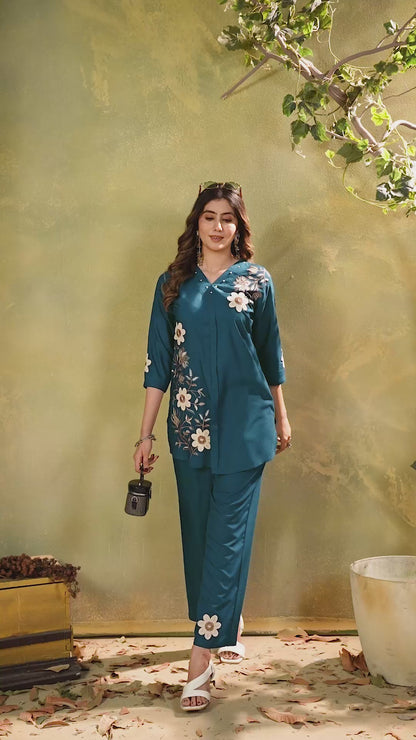 Elegant Teal Blue Floral Embroidered Co-Ord Set for Women