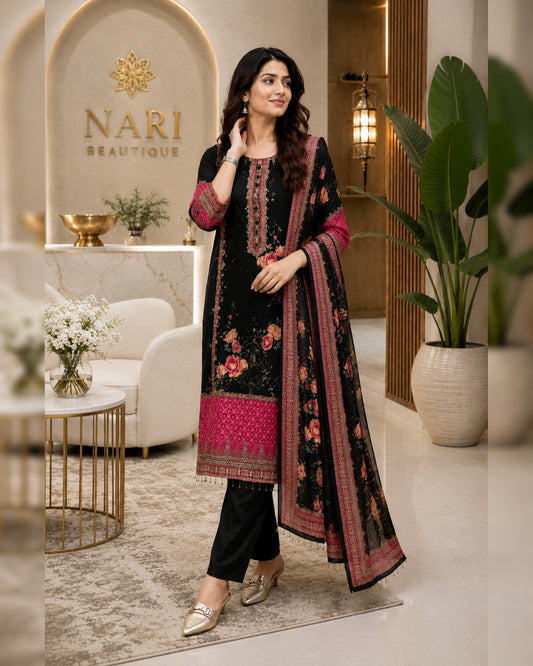 Royal Black Floral Printed Chinon Silk Straight Suit Set with Elegant Dupatta