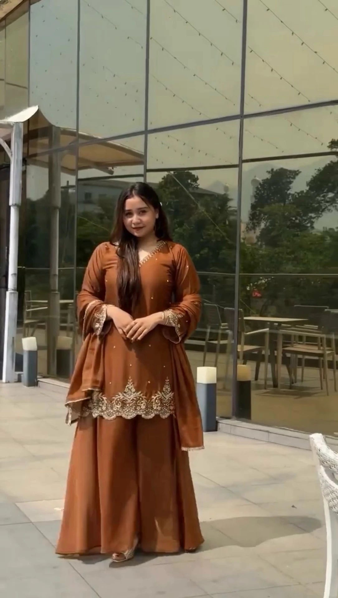 Fantastic Rust Chocolate Heavy Fox Georgette Scalloped Suit Set